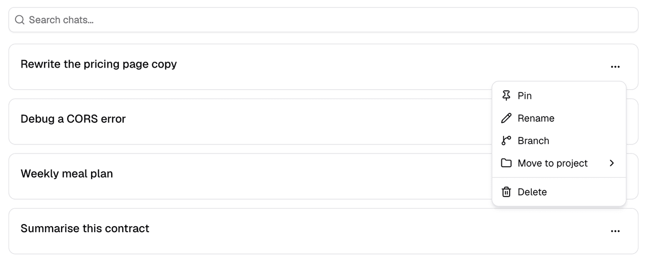 Searchable chat history listing past Percy Chat conversations
