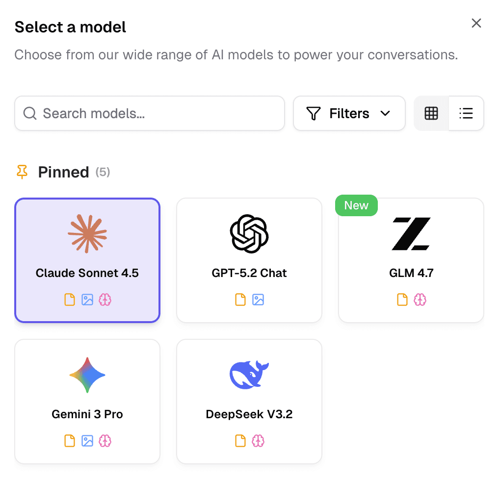 The Percy Chat model picker, listing models grouped by provider