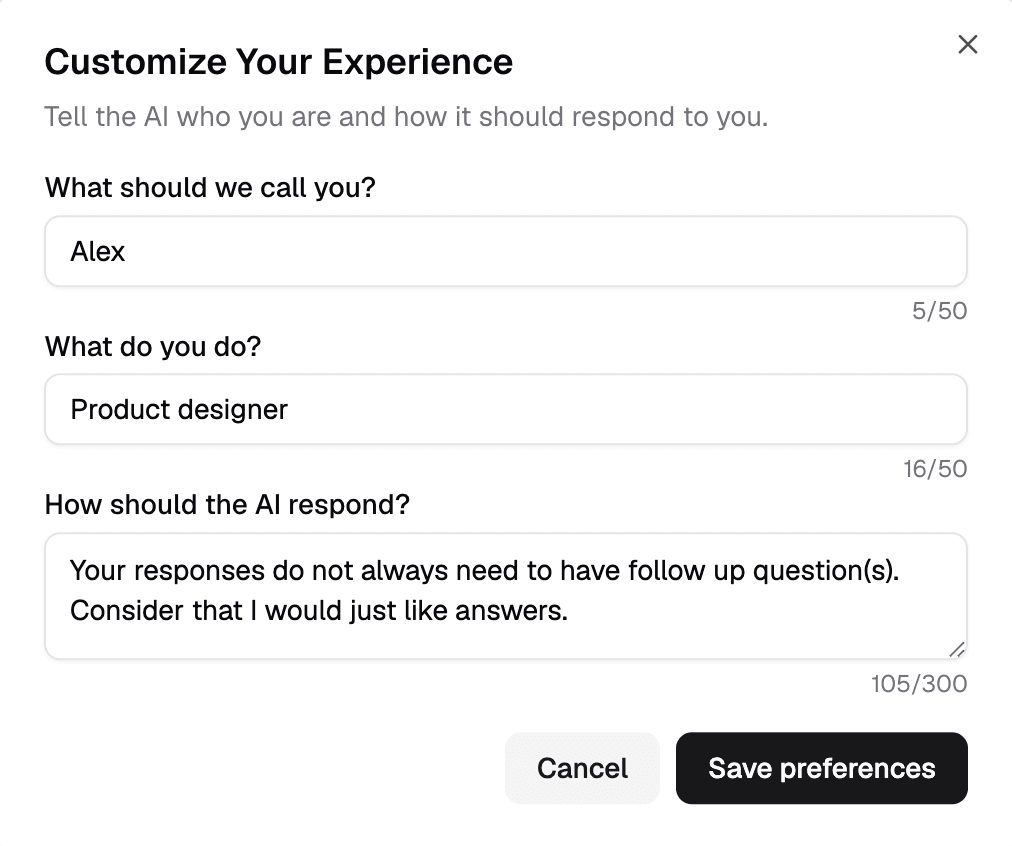 Percy Chat personalisation settings for name, occupation and reply style